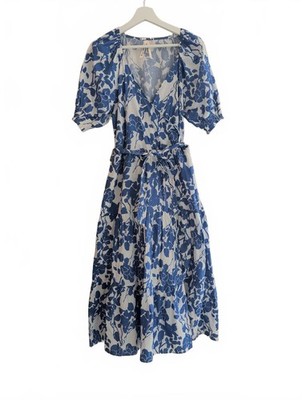 Elli White Blue white maxi dress full length faux wrap UK 12-14