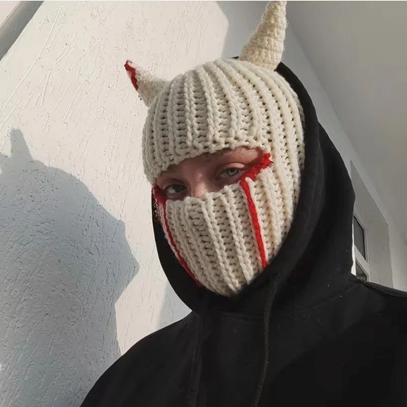 Goth Emo Dope Horned Ear Devil Tears Knit Hoodie, Ski Mask, Baklava Hat - Biege