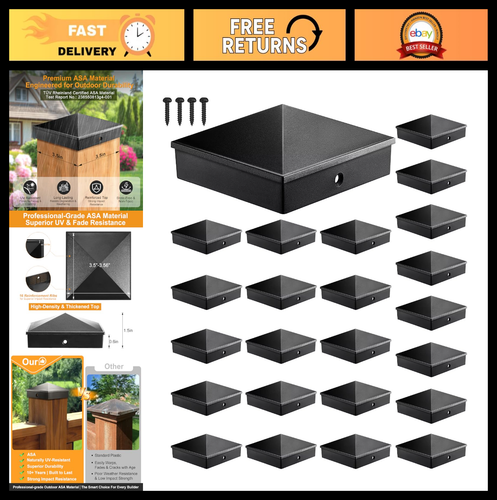 4x4 Black Post Caps (Fits 3.5"x3.5") - UV & Fade Resistant, 24 Pack for Fence & - Foto 1 di 8