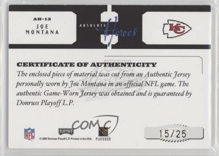 2005 Playoff Absolute Memorabilia Heroes Materials Prime /25 Joe Montana HOF - Image 2 of 2