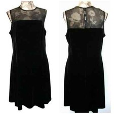 Vintage Jeffrey & Dara Velvet Illusion Dress Womens 14 Black Mesh Satin Trim LBD
