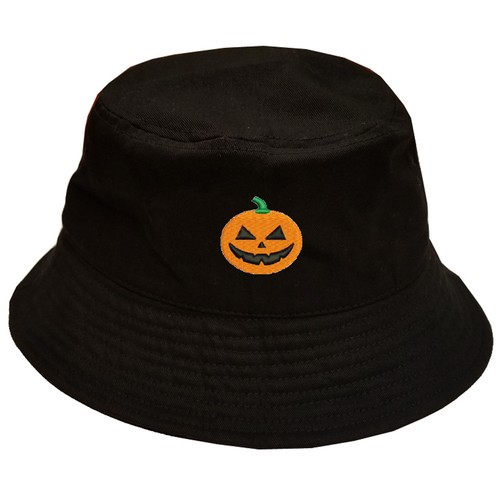 HAPPY HALLOWEEN Pumpkin Face Logo Stitched Black Bucket Hat 100% cotton - 第 1/2 張圖片