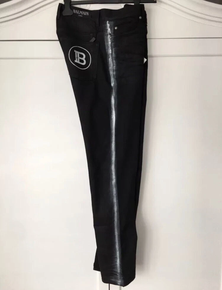 Balmain — BALMAIN Paris Designer Black Waxed Coated Seam Striped Jeans - Made In Italy
