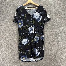 Unbranded Dress Women L Black Floral Shift Midi V-Neck Short Sleeve Casual