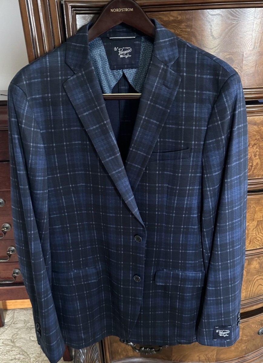 ORIGINAL PENGUIN “ORLAN” Soft Navy Plaid Jacket Size 44 Long
