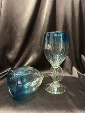 Set Of 2 Hand Blown Crackle Glass Blue Ombré Tumblers, Pontil Marks, Mexico, EUC