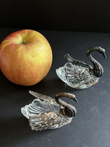 Vtg Silver Plate Crystal Swan Open Salt Cellar Dish Articulated Wings Set of 2 - Picture 7 of 24