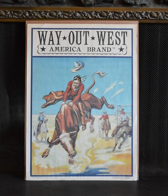Vintage Poster - ''Way Out West America Brand'' Cowboy on Bucking Bull  - 27 x 19
