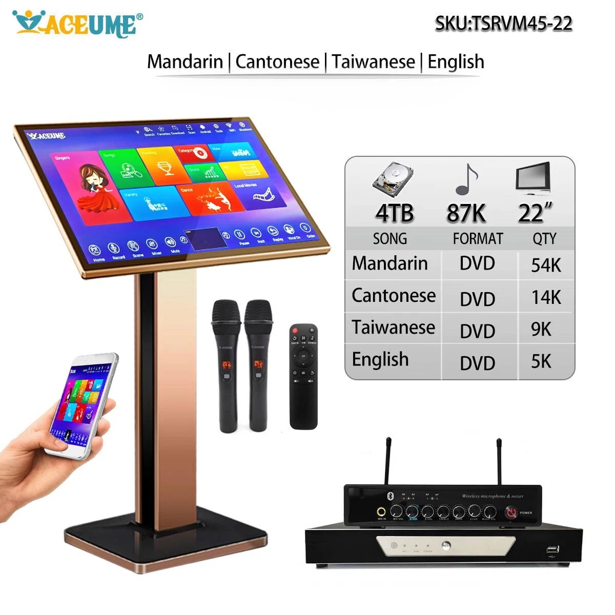 4TB HDD 87K Chinese English Song,22''Touch Screen Karaoke Player.