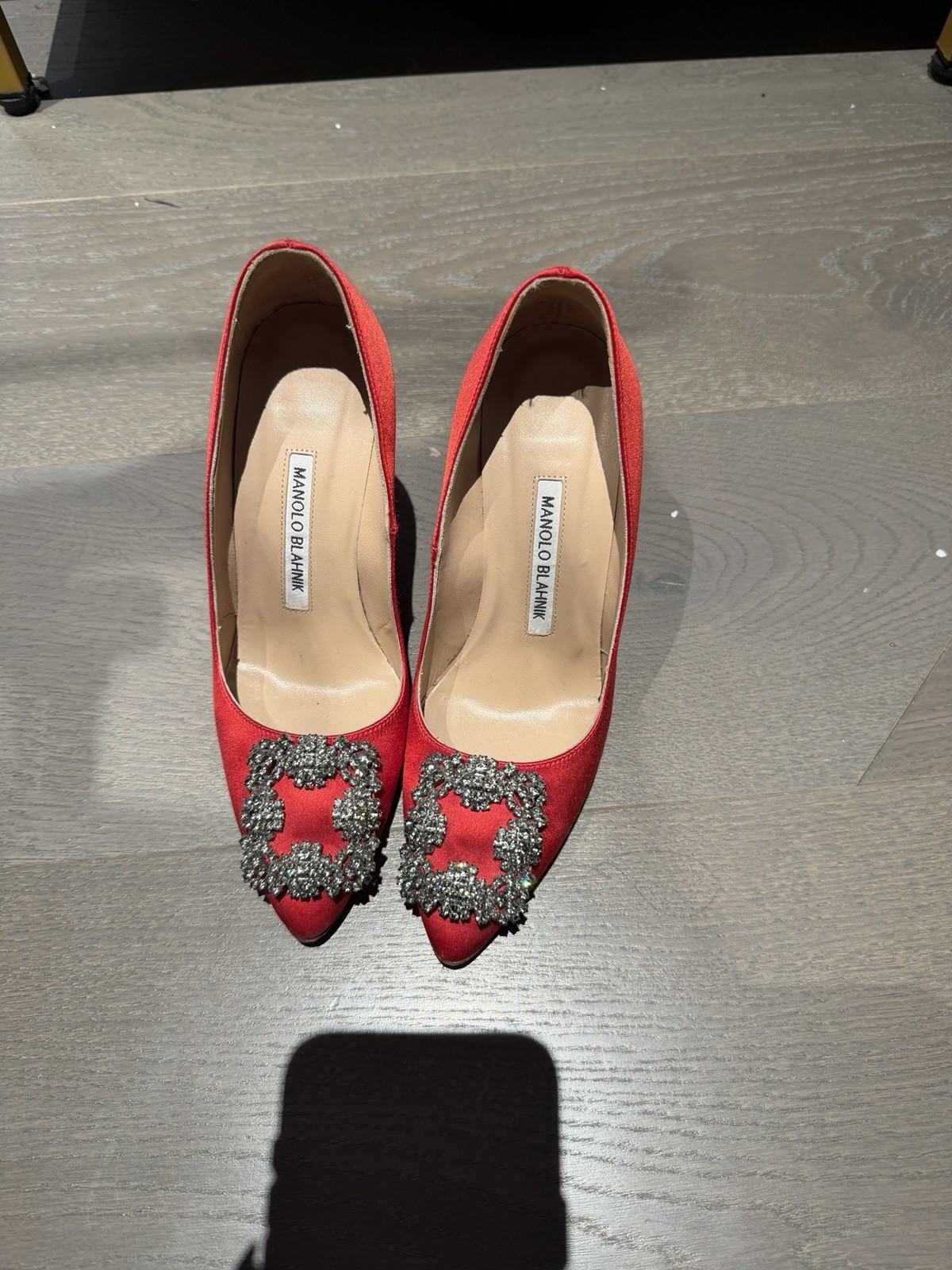 Manolo Blahnik Red Satin Heels Hangisi Style Crystal Buckle Size 34.5