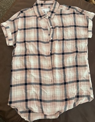 Nordstrom Rack Pink Gray Plaid Short Sleeve Button Up Shirt Small ShirtTail Hem