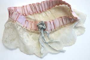 Vintage 1940s Wedding Garter - Pink Satin with Lace and Blue SIlk Ribbon