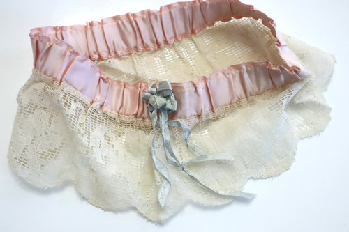 Vintage 1940s Wedding Garter - Pink Satin with Lace and Blue SIlk Ribbon