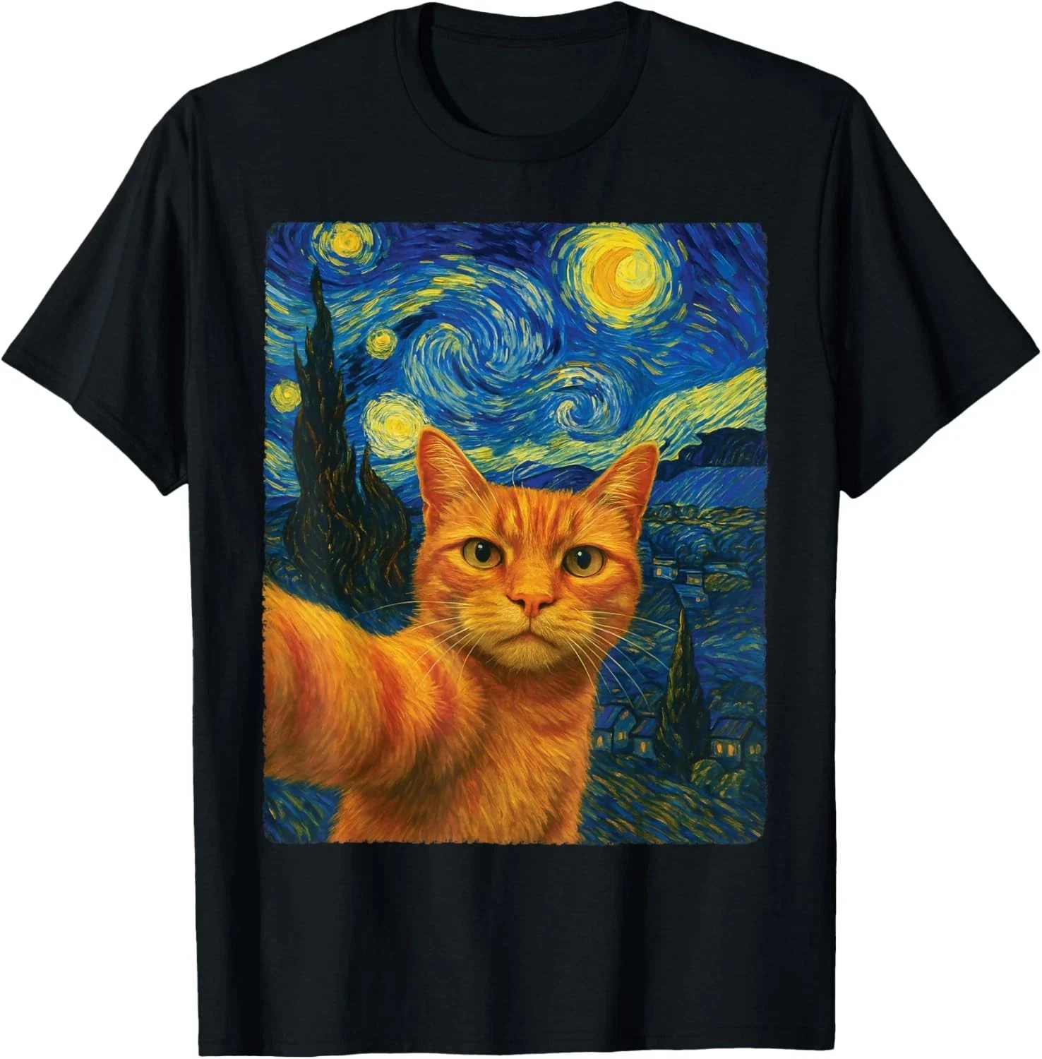 NEW Orange Cat Selfie Goghs's Starry Night Cat Lovers T-Shirt S-5XL - product detail image 1