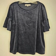 Loft Top Velvety Plush Dark Navy Stretch Ruffle Sleeves Sz L Dark Romantic