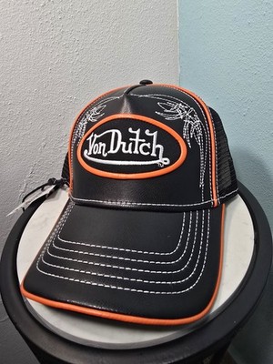 RARE Leather Von Dutch Big Patch Logo Cap Hat Black & Orange Snapback