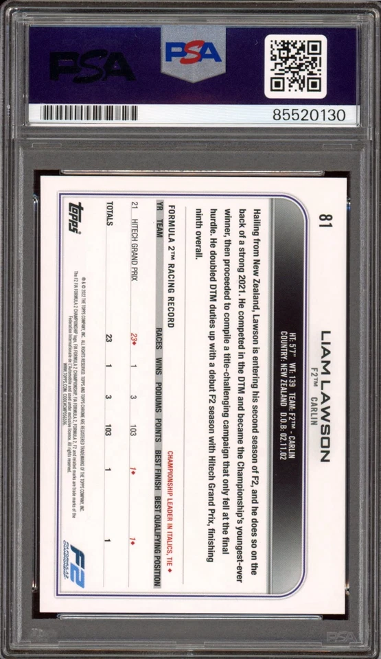 2022 Topps Chrome F1 #81 Liam Lawson Orange & Red Rookie Ref PSA GEM 10 AUTO RC - Image 2 of 2