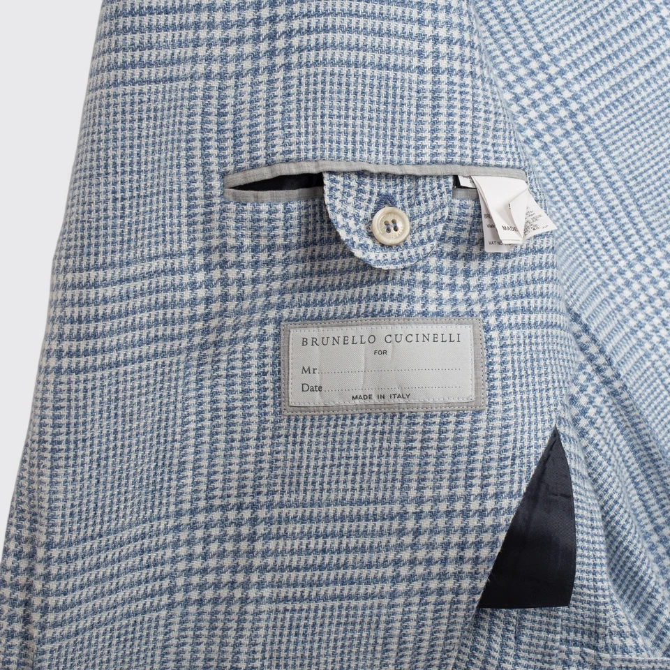 Traje Brunello Cucinelli Talla EU52 Hombre Azul Claro Cuadros Mezcla de Lino Hecho en Italia Foto 4 de 4