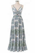 Angie Womens L Boho Scarf Print Maxi Dress Twist Front Cutout Blue Green