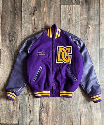 Vintage Neff Made In USA Varsity Leather & Wool Purple Letterman Bomber Jacket L - Bild 1 von 14