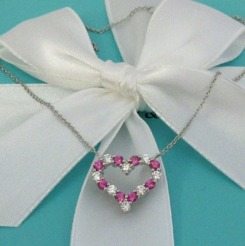 TIFFANY Co. Platinum Diamond Pink Sapphire Heart Pendant