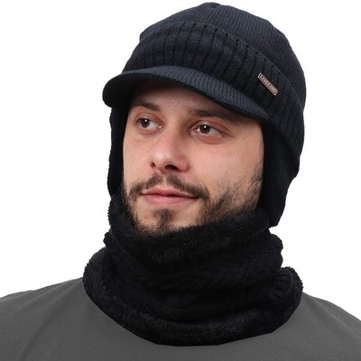 30% Wool Winter Beanie w/Visor & Earflaps for Men Outdoor 