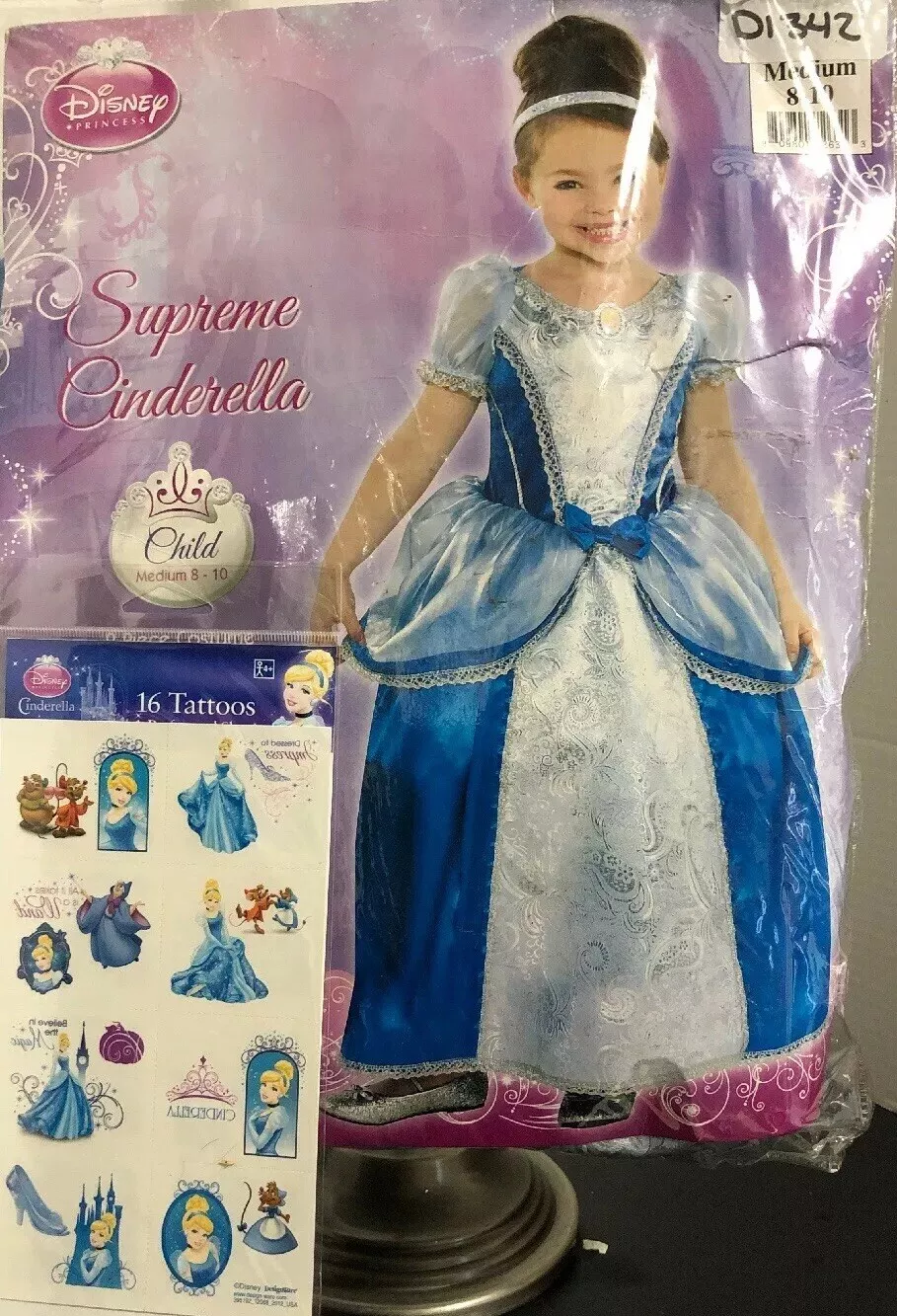 Halloween Disney Supreme Cinderella Child Dress Up   Medium 8 10 + Tattoos   NEW