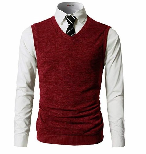 H2H Mens Casual Slim Fit Knit Vest with Soft Warm Fabric, RED, Large - Picture 2 of 3