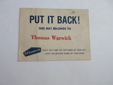 B.F. GOODRICH vintage THIS HAT BELONGS TO card PUT IT BACK!