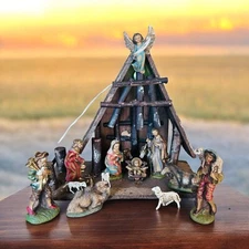 vtg italy nativity set wood manger lighted 13"H x 15"W Christmas Decor
