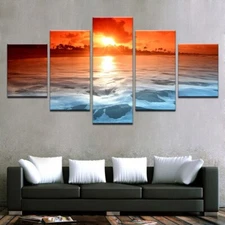 Beach Waves Red Sky Sunset Glow 5 Pieces Canvas Print Wall Art Home Decoration