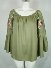 Altar'd State Women's Blouse Top Shirt Green Embroidered Flowers Lace Flowing M