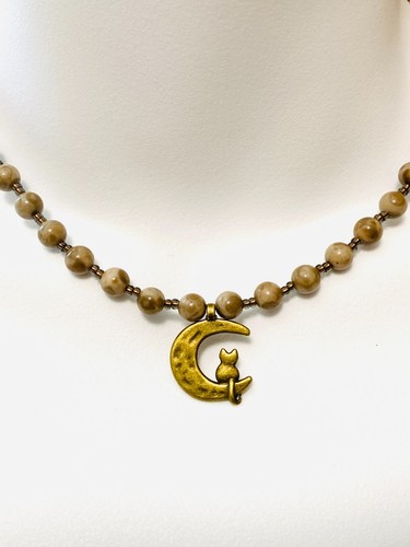 Cute Bronze Cat on the Moon Pendant + Brown Agate Beaded Necklace - Picture 2 of 8
