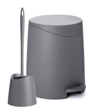 Small Gray Plastic Bathroom Set- 3 qt Trash Can  Toilet Bowl Brush with Holder