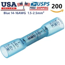 200Pcs Blue AWG Heat Shrink Butt Wire Connectors Crimp Terminals 14-16 Gauge US