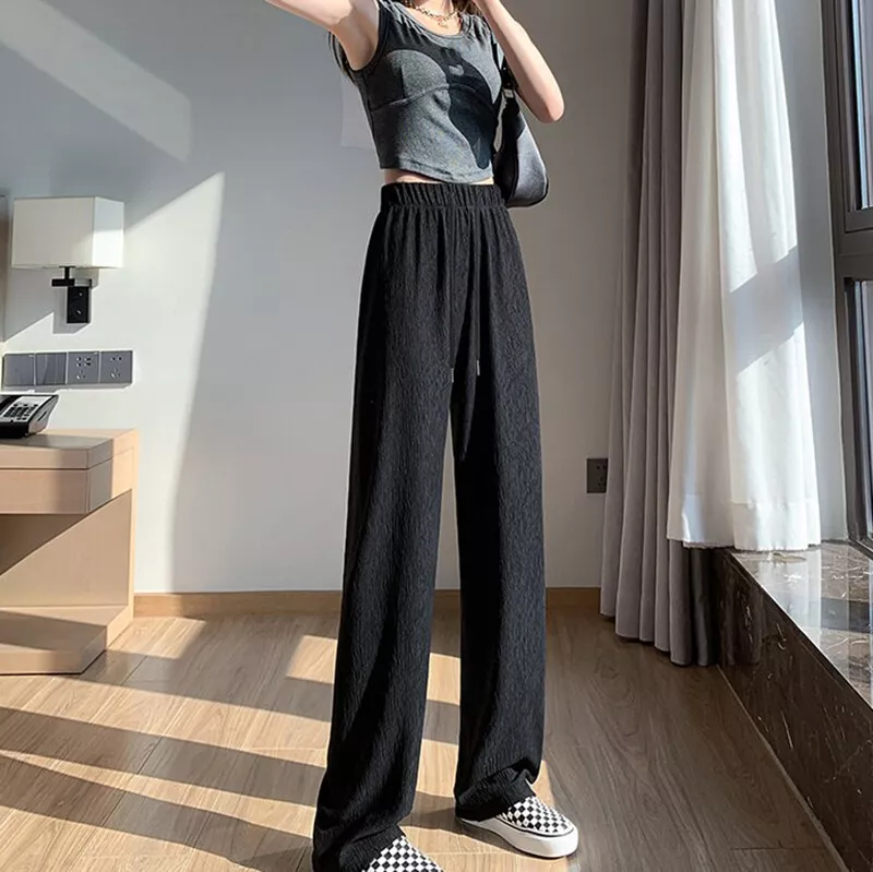 Lady Thin Straight Wide-leg Pants Elastic High Waist Faux Silk Loose  Pleated Fit