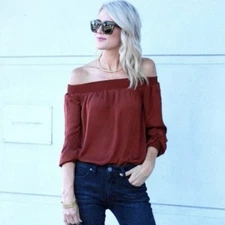 CABI 3690 Foxy Off Shoulder Blouse Top Rust Brown Size L