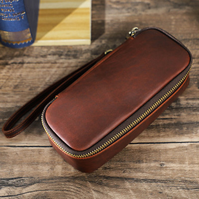 Leather Pipe Tobacco Pouch Holder Travel Zip Storage Case Wrist Strap Coffee