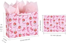13" Large Strawberry Bow Gift Bag with Card and Tissue Paper - Pink Bow and S...