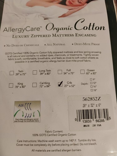 Allergycare Organic Cotton Luxury Zippered Mattress Encasing For Baby Crib Size - Picture 3 of 3