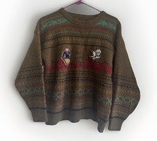 Vintage Sweater Mens 80s Brown Wool Mix Embroidered Bird Watching