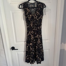 Chaps Womens Black Beige Floral Sleeveless V-Neck Fit  Flare Dress Size Large