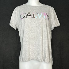 Women's L Grey Crew Neck Cuffed Short Sleeve Graphic T-shirt - Calvin Klein