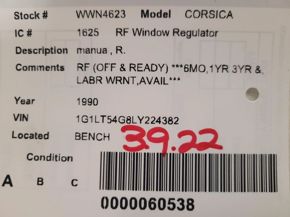 Used Front Right Door Window Regulator Front fits: 1990 Chevrolet Corsica manual Foto 3 de 4