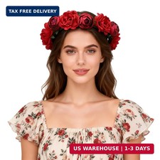 Women Rose Floral Crown Hair Wreath Leave Flower Headband with Adjustable Ribbon