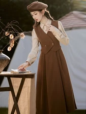 Winter French Retro Women's Slimming Fit Dress Two-piece Set Straps Long Skirts