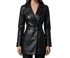 Women’s Black Real Leather Coat Mid-Length Belted Blazer Style Winter Wear Coat