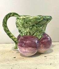 Vintage Fitz & Floyd Radish Pitcher Majolica Ironstone LettuceWare Leaf 4.5”T