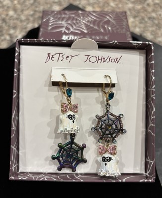 NEW Betsey Johnson Halloween Ghost Pink Crystal Bow & Spider Web Earrings in Box