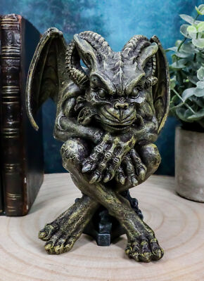 Ebros Winged Ram Horned Gargoyle Sitting On Cathedral Pedestal
